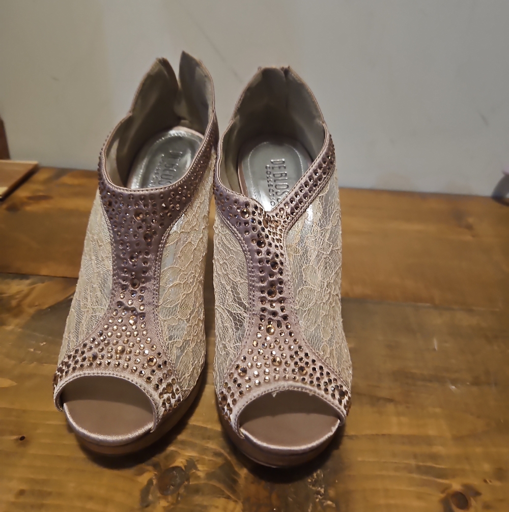 De Blossom Collection Lace Peep-Toe Heels with Blush Rhinestone Trim